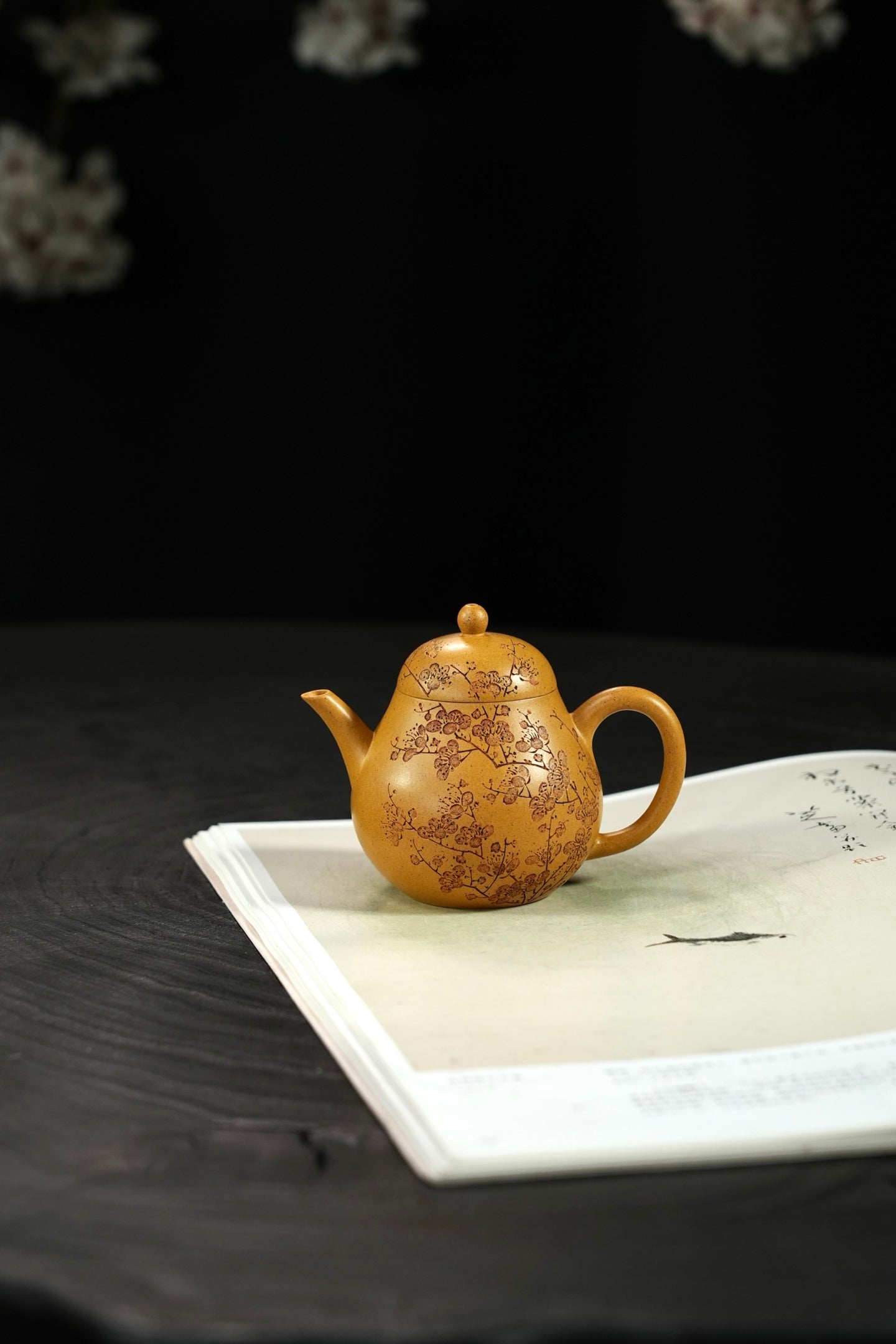 『高梨』130cc 老宕口高温黄金段·内推7孔  明式小品，墨梅刻绘，隽永不凡，高温烧制，泥料质感独特，老味十足