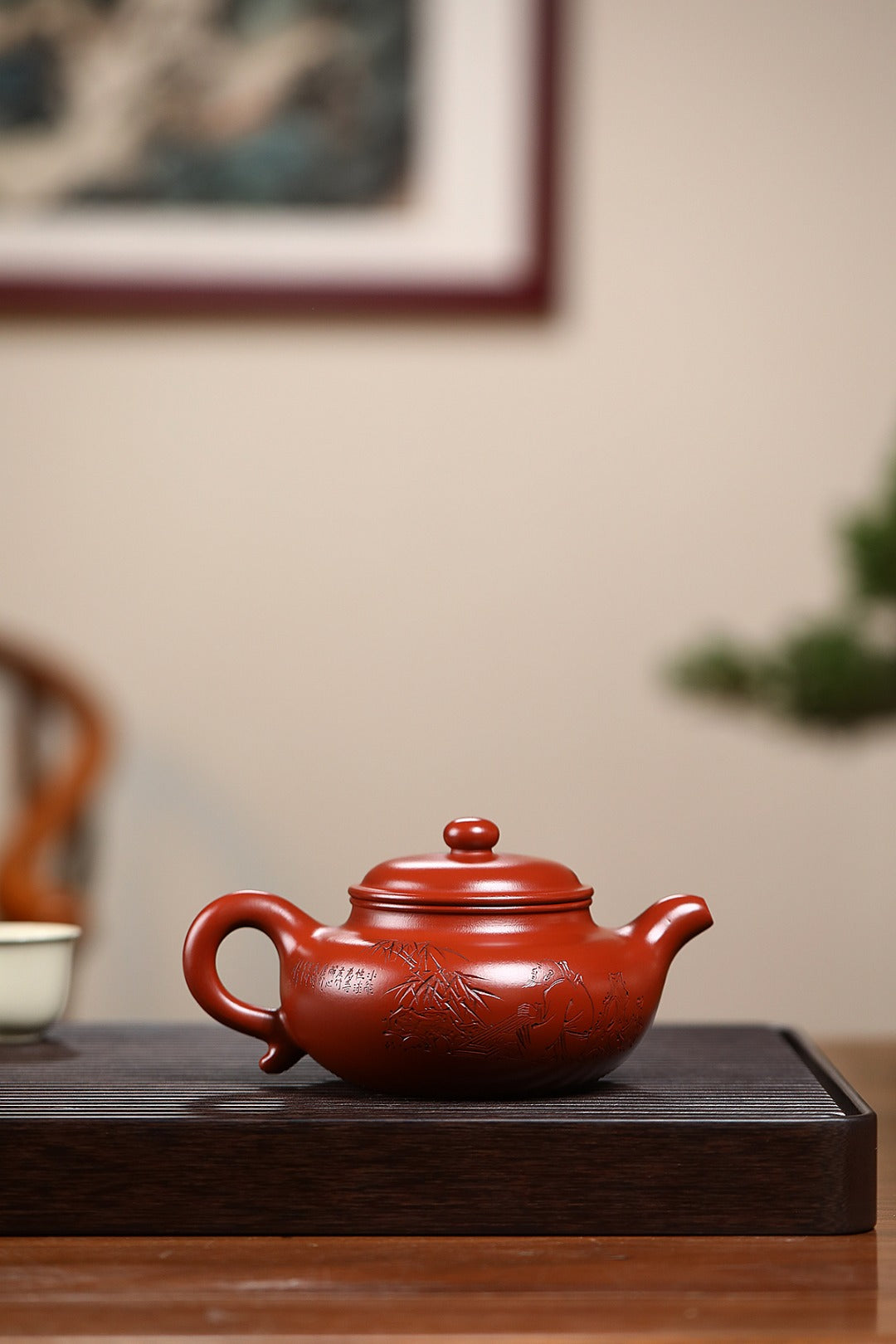 《仿古》 王敏（正高级工艺美术师）装饰：李玮（江苏省陶瓷艺术大师，正高）90年景舟大红袍，500cc，菱形14孔出水