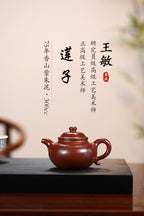 《莲子》 王敏（正高级工艺美术师） 装饰：李玮（江苏省陶瓷艺术大师，正高）作品简介：75年香山紫朱泥，300cc，菱形14孔出水