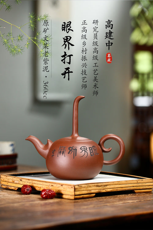 《眼界打开》 高建中 研究员级高级工艺美术师 正高级工艺美术师 正高级乡村振兴技艺师 原矿文革老紫泥，360cc，菱形9孔出水