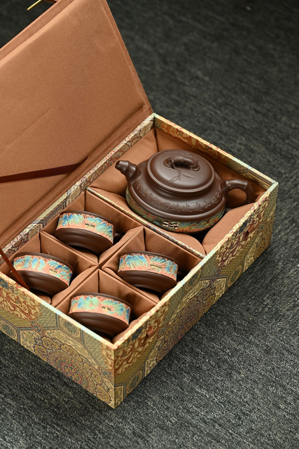 全手工紫泥茶壶套组 - 双线竹鼓设计