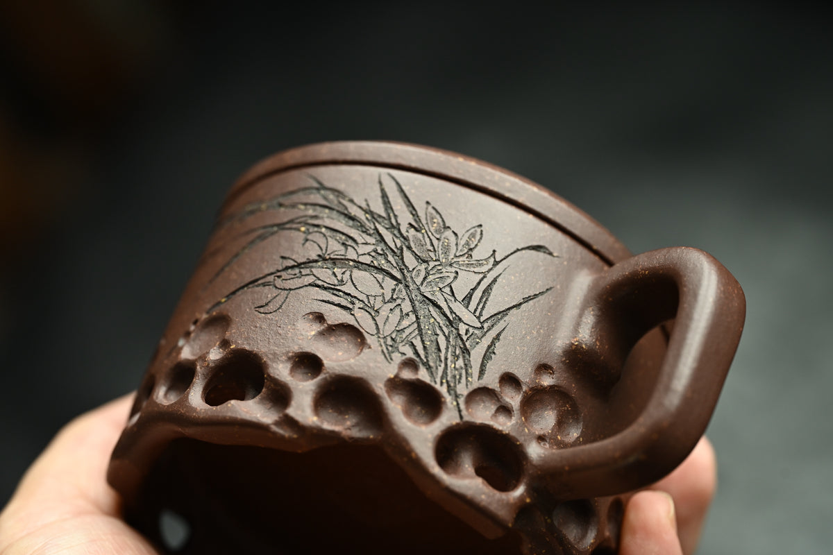 清韵幽兰杯·太湖石·全手工/陶刻大赛金奖李建军作品 /容量190cc/原矿紫玉金砂