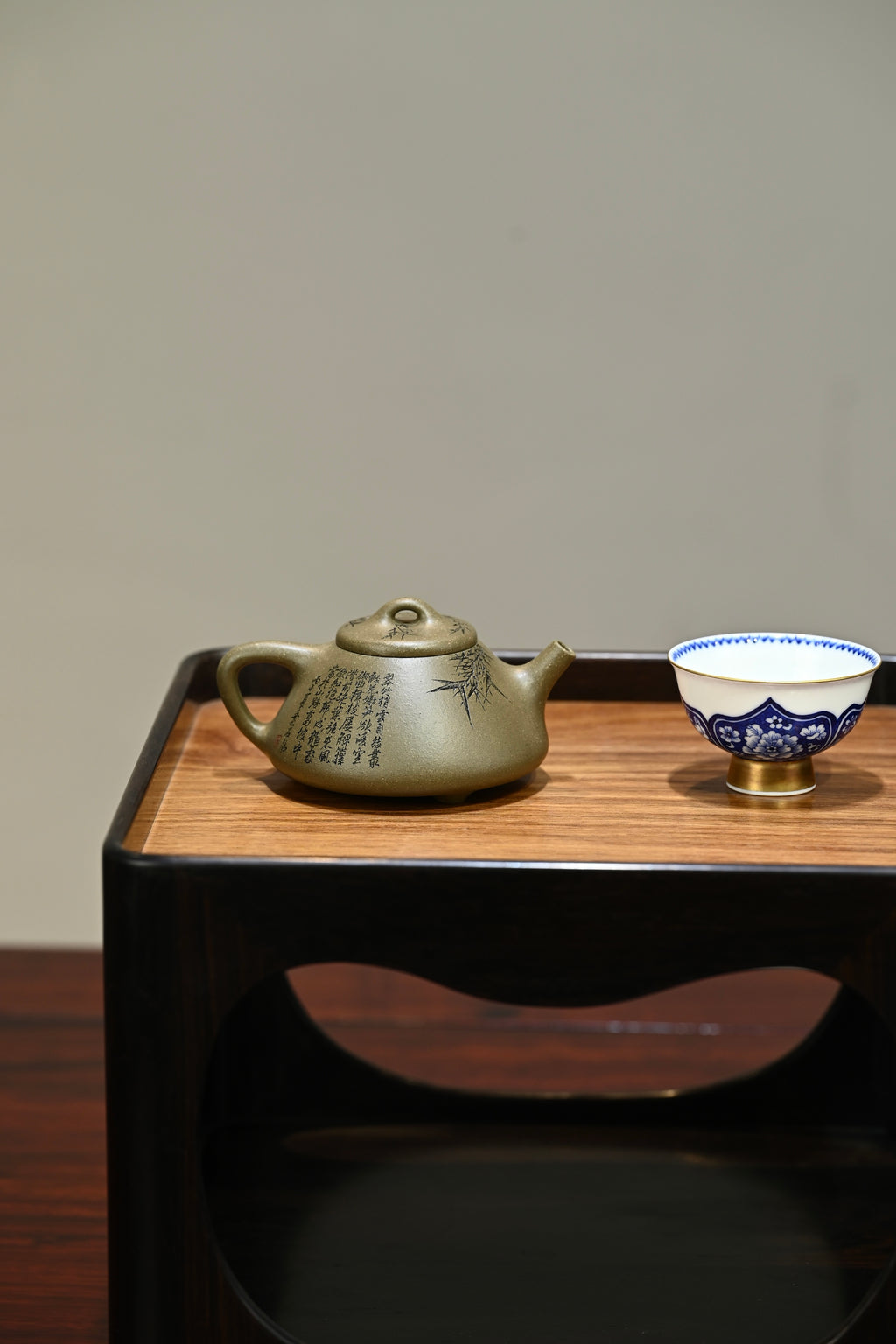 子冶石瓢·翠竹·全手工 /陶刻大赛金奖李建军作品 /容量130cc/原矿青段