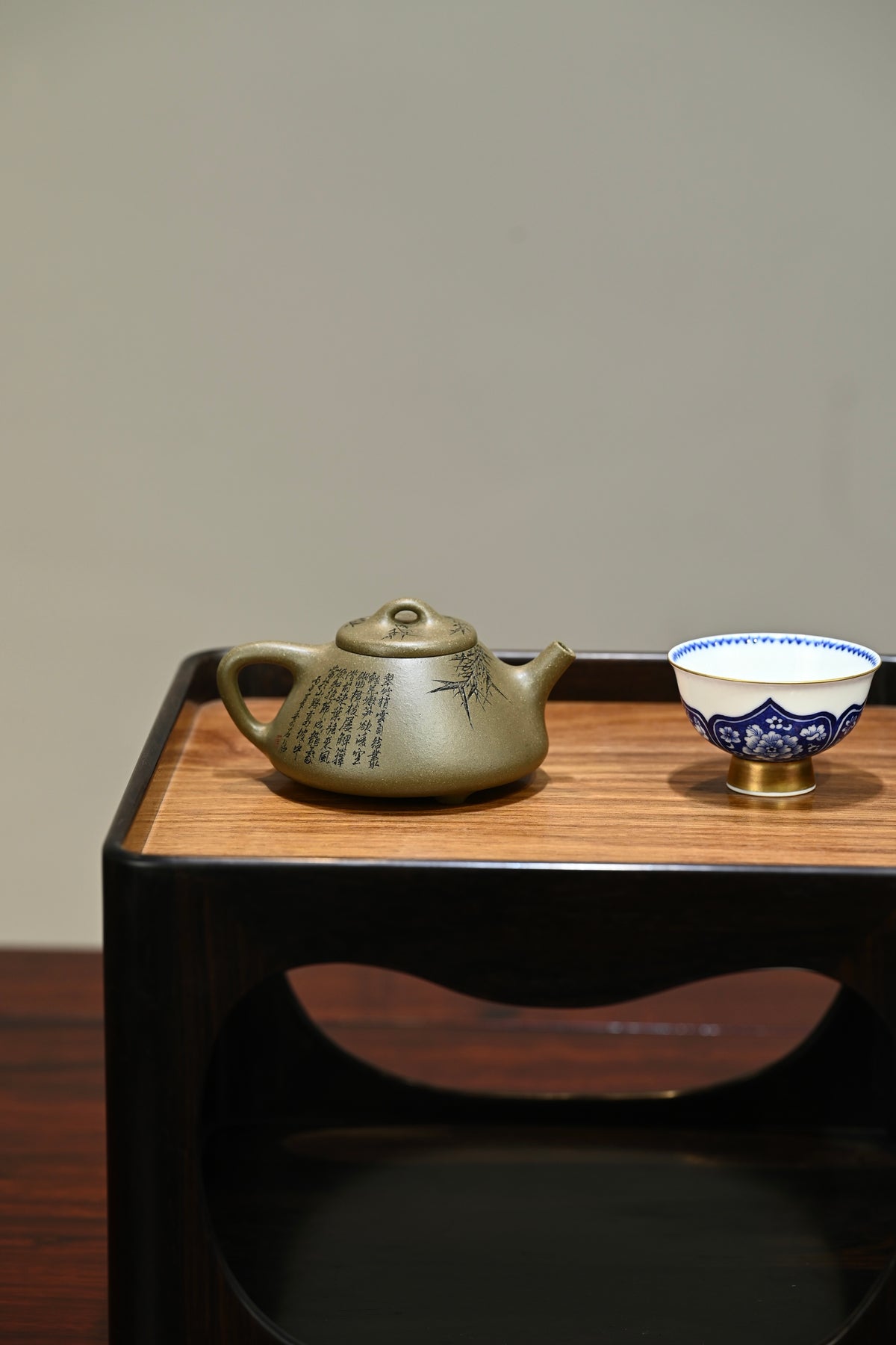 子冶石瓢·翠竹·全手工 /陶刻大赛金奖李建军作品 /容量130cc/原矿青段
