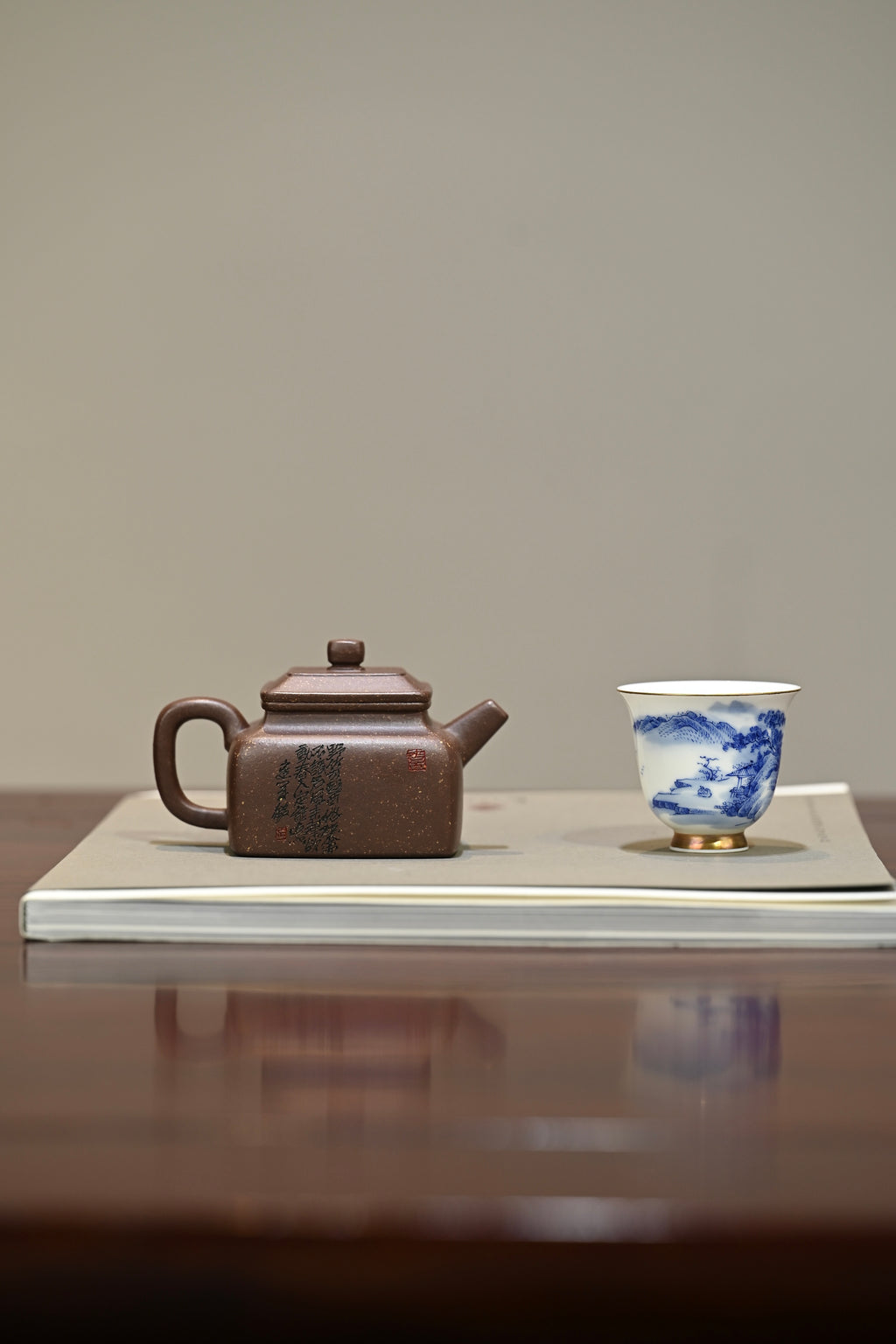 小四方·喜上眉梢·全手工/陶刻大赛金奖李建军作品 /容量160cc/原矿紫玉金砂