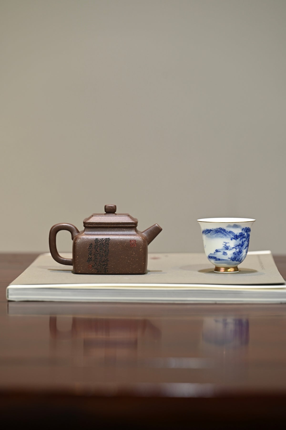 小四方·喜上眉梢·全手工/陶刻大赛金奖李建军作品 /容量160cc/原矿紫玉金砂