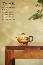 双国大师李昌鸿臻品《百叶双桃壶》收藏送礼皆宜重器！原矿优质本山绿泥·390cc李昌鸿为顾景舟亲传弟子