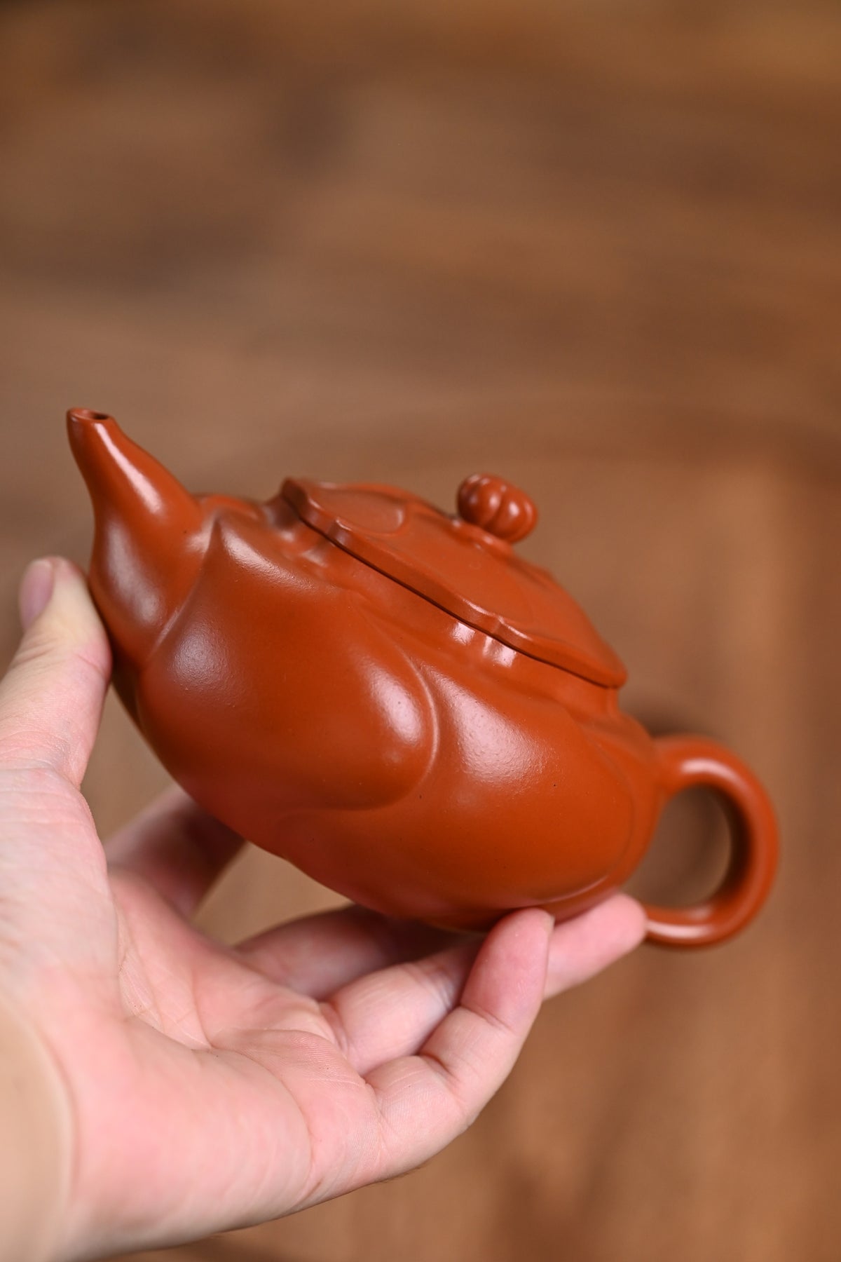 『风卷葵』 极品皱皮朱泥·容量250cc·14孔出水·史志洪，国大师徐汉棠女婿，徐门紫砂第四代传人，国家级高级工艺美术师
