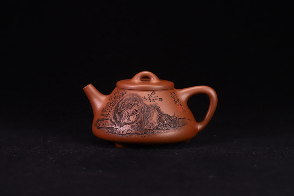 子冶石瓢，中华神刀国家级工艺美术师杨喜雨，原矿底槽清，精刻藏獒，容量300cc