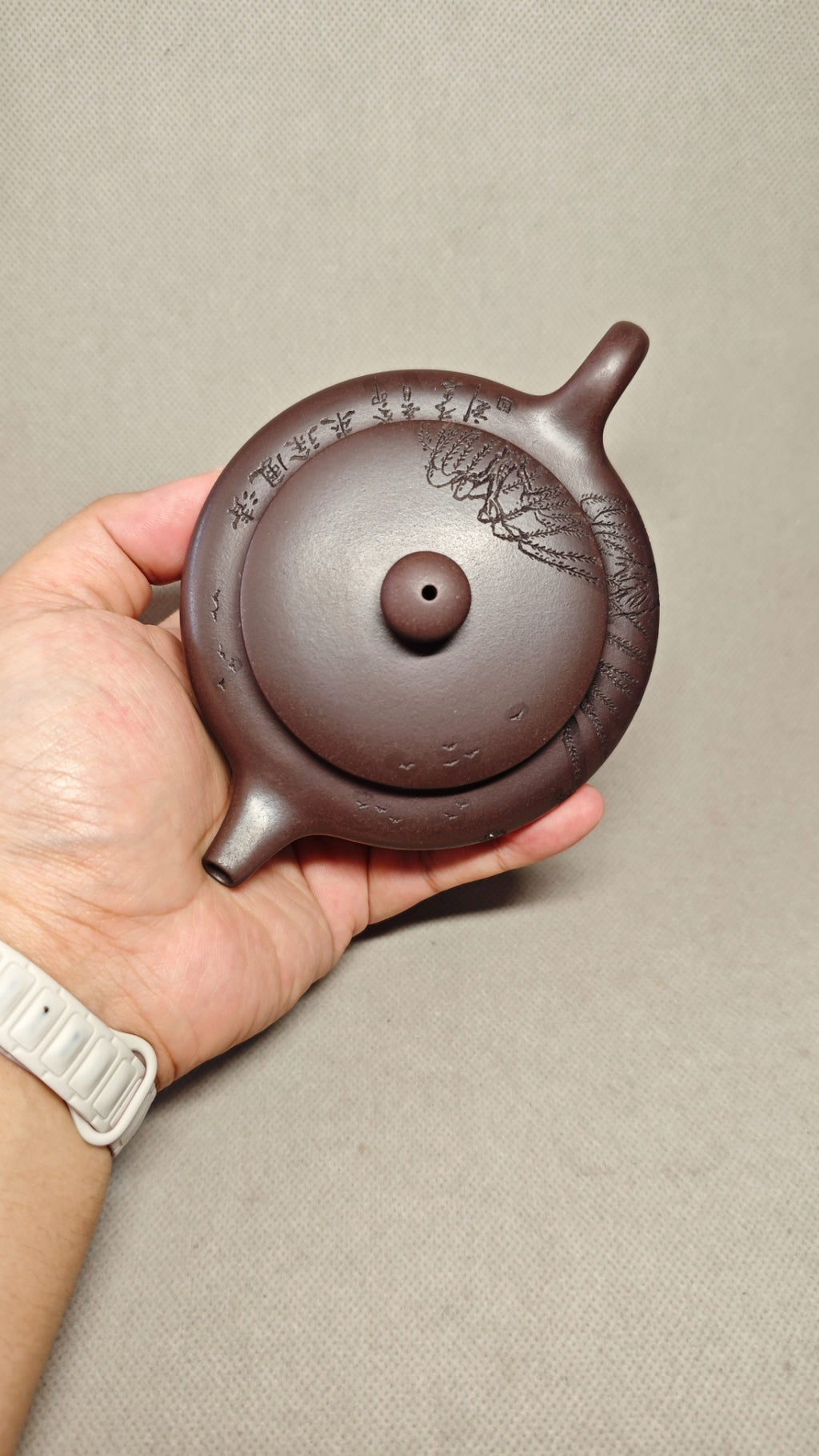 【扁晨】 制壶：徐其霞（国家级工艺美术师） 泥料：原矿紫泥 容量：150cc    孔数：9孔