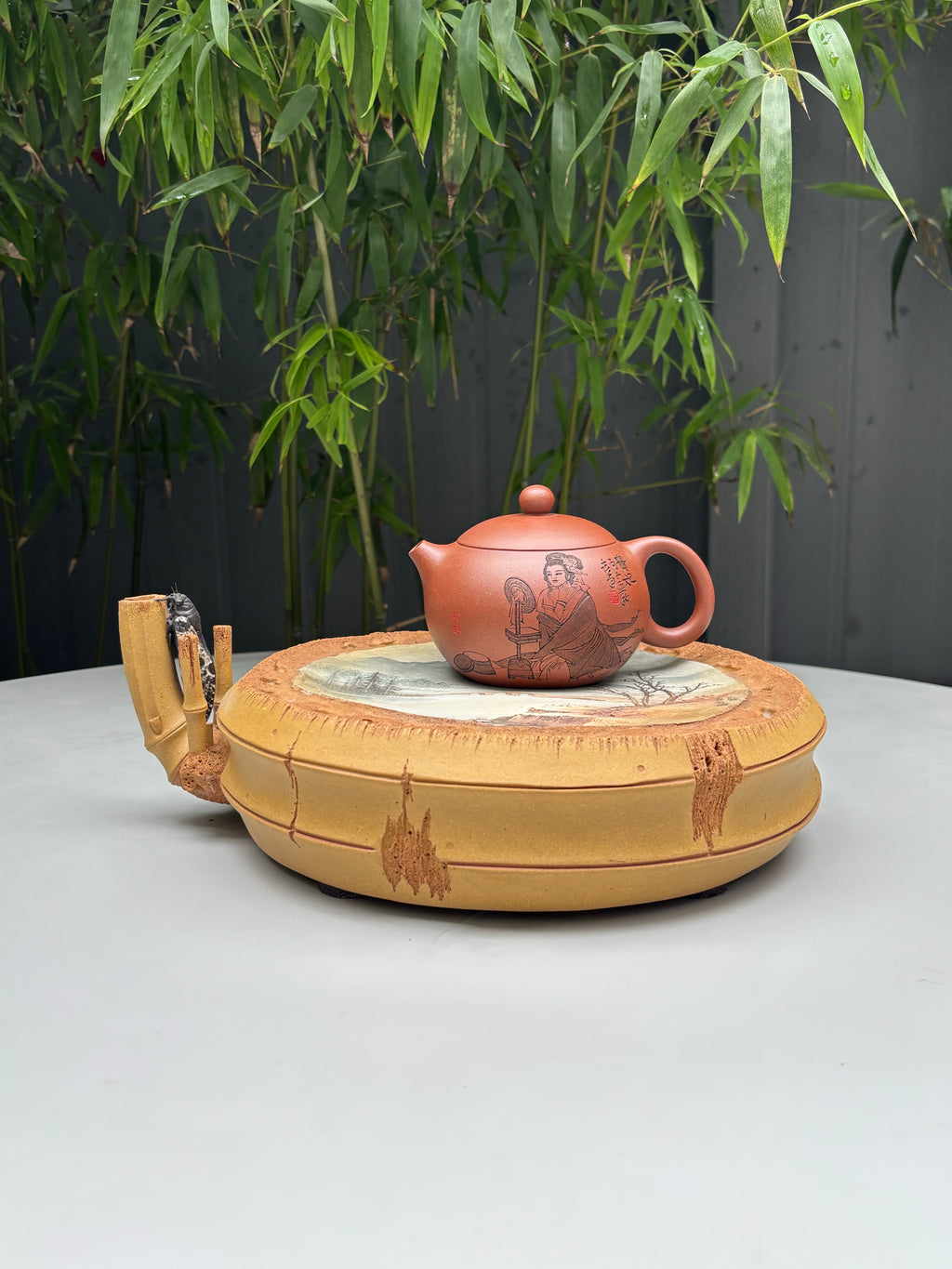 竹报平安·山水聚福 | 紫砂界开宗立派之作，陈真制·何光宏绘，登峰造极立体意境山水《竹报平安》储水式茶盘